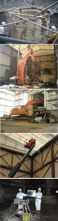 建物内のプラント機器解体状況及び煙突解体状況の写真