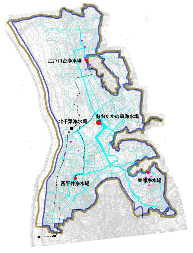 流山市の浄水場の位置図