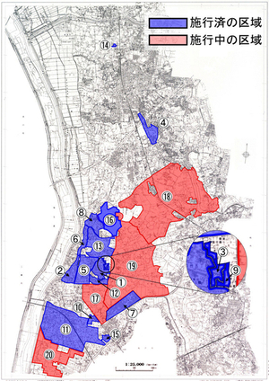 流山市内の区画整理事業位置の図