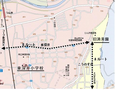 工事車両のルートの図（Aルートはこうのすだい方面経由・Bルートは東深井方面経由）