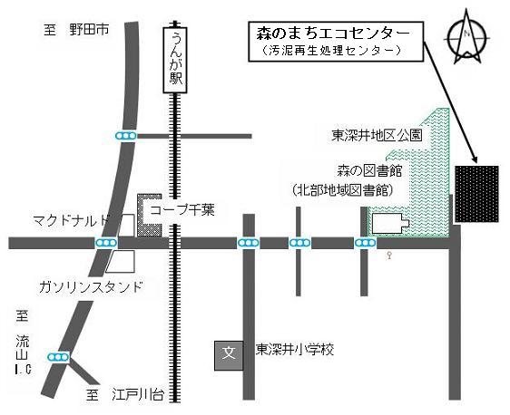 案内図東深井交差点から東へ1400メートル程の距離です。