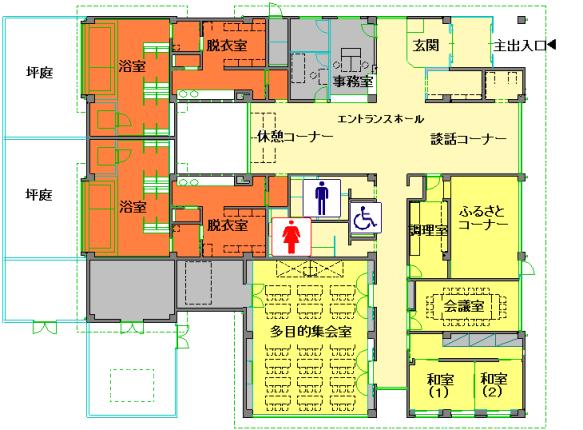 ほっとプラザ下花輪の施設平面図（エントランスホールを中心に西側に浴室ゾーン、南側に集会ゾーンなどがあります。）