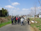 川沿いの遊歩道を歩く参加者の写真