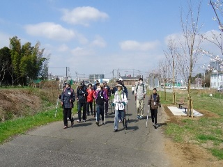 川沿いの遊歩道を歩く参加者の写真