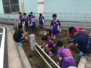 写真：花壇の草取りを行う子どもたち