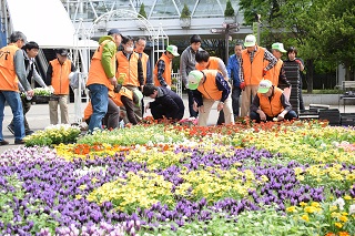 写真：花絵を並べるボランティアの皆さん