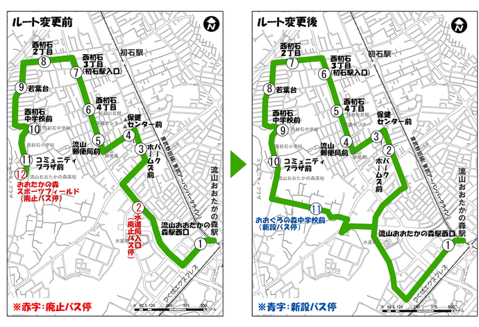 西初石ルートの変更前後