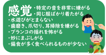 感覚 ・特定の音を非常に嫌がる ・同じ服ばかり着たがる ・ブランコの揺れを怖がる ・偏食が多くて食べられるものが少ない ・妙にまぶしがる　　など