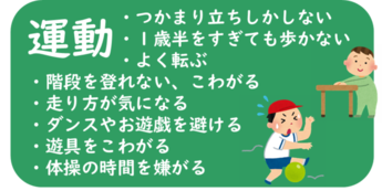 運動 ・つかまり立ちしかしない ・1歳半をすぎても歩かない ・連続ジャンプができない ・片足立ちなどバランスが取れない ・三輪車がこげない ・ダンスなどの振付が思うようにできない　　など