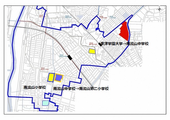 南流山地区小・中学校の整備区域の図面