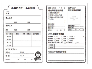 お薬手帳の見開き1ページ目の写真。あなたとチームの情報、緑内障禁忌薬情報、慢性腎臓病情報、薬剤管理情報、その他の情報の項目がある