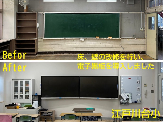 教室の床壁の改修を行い、電子黒板を設置しました
