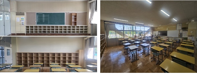 教室ロッカー改修と床改修の様子 東部中学校 左写真は施工前後、右写真は電子黒板設置後です