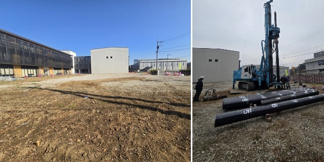 工事着手前の写真と杭打ちの写真