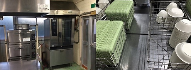 給食室の機材や給食を入れる皿、トレーの写真