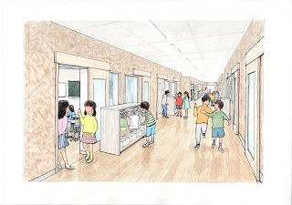 おおぐろの森小学校増築校舎の廊下のイメージ絵