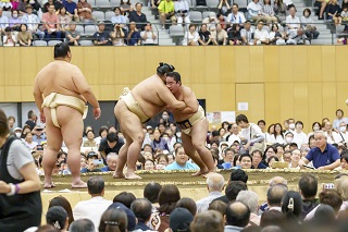 阿炎関と流山南高校相撲部の取り組み
