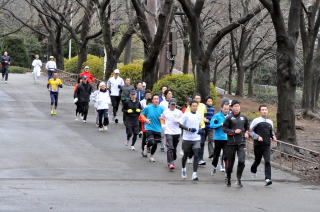 公園の周りを走るランナーたち