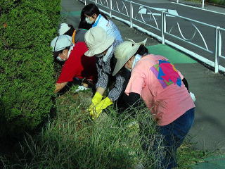 正門周辺の通学路の草刈りの写真