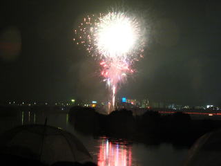 夜空にそして川面に映える花火