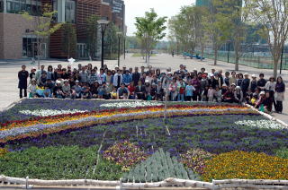 都市広場に巨大な花絵が登場