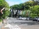 駐車場で泳ぐ鯉のぼりの写真