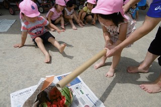 職員と協力してスイカを割る園児の写真