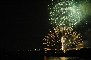 夏の夜空と江戸川の川面を彩った花火