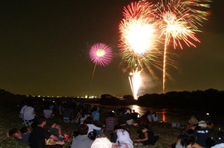 夏の夜空と江戸川の川面を彩った花火