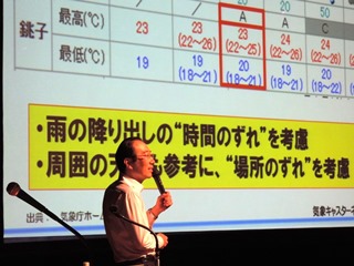 天気予報における場所と時間のずれを説明する田代大輔さんの写真