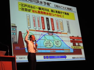 洪水予報のスライドを用いて説明をする田代大輔さんの写真