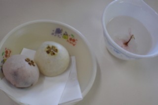 紅白まんじゅうと桜茶の写真